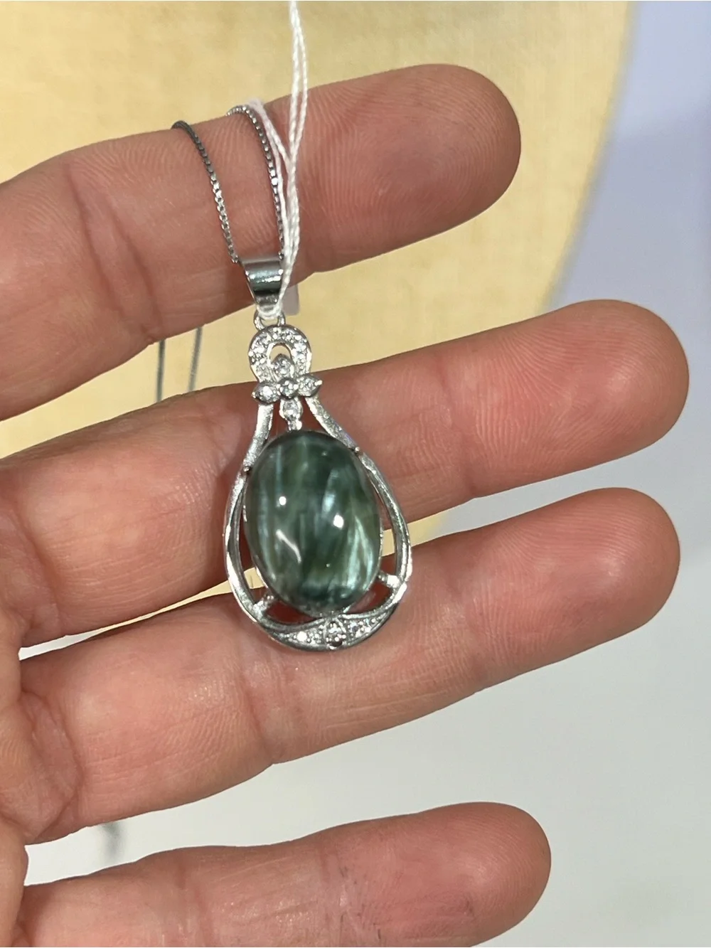 Silver-Tone Green SeraphiniteCabochon Pendant Necklace - Elegant Women's Jewelry